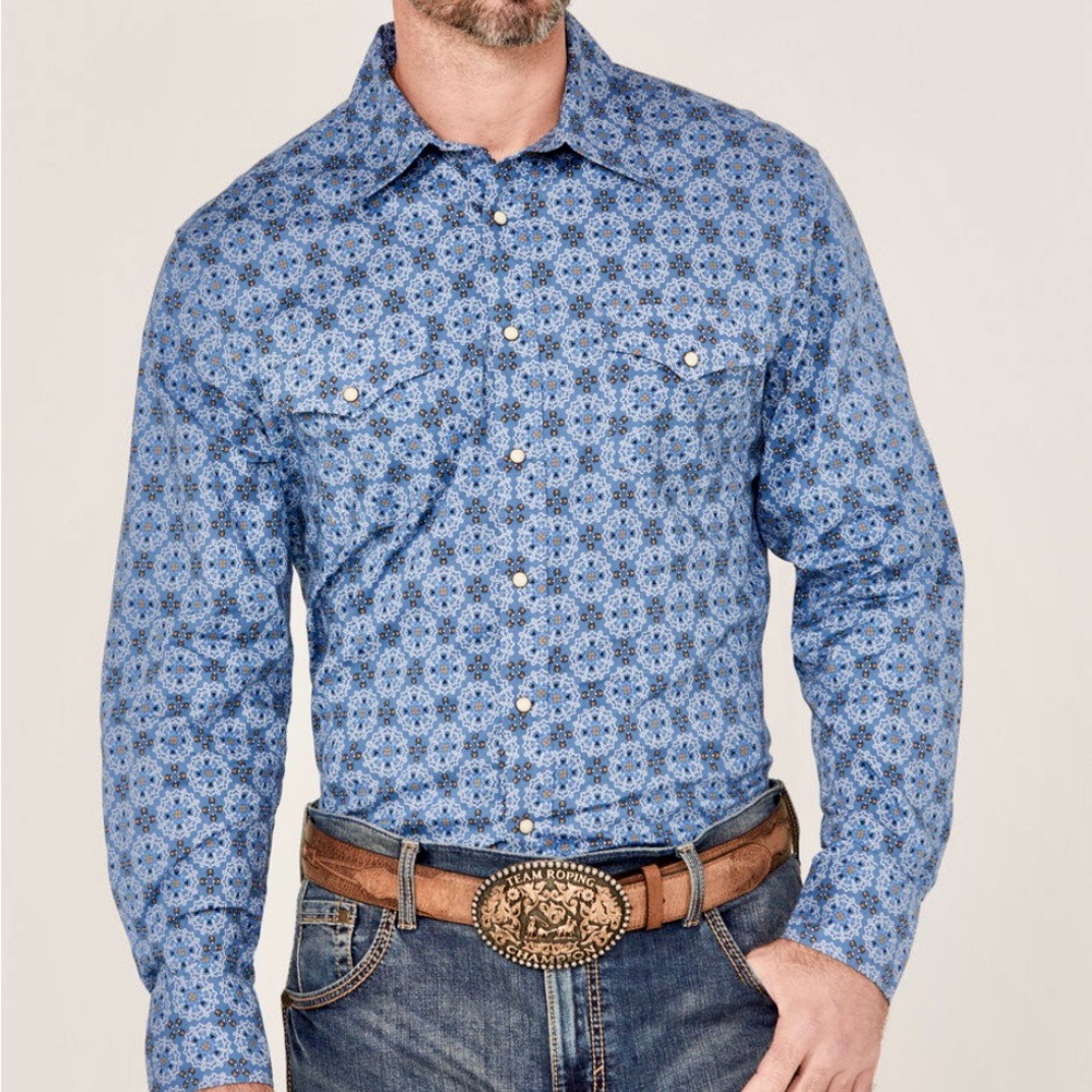Rock&Roll Denim Men’s Medallion Print Pearl-Snap Western Shirt Lg